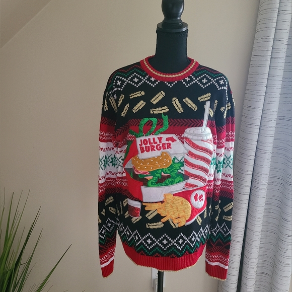 🍔BLIZZARD BAY Men's Ugly Christmas Sweater "Jolly Burger" Size Small - Picture 2 of 8